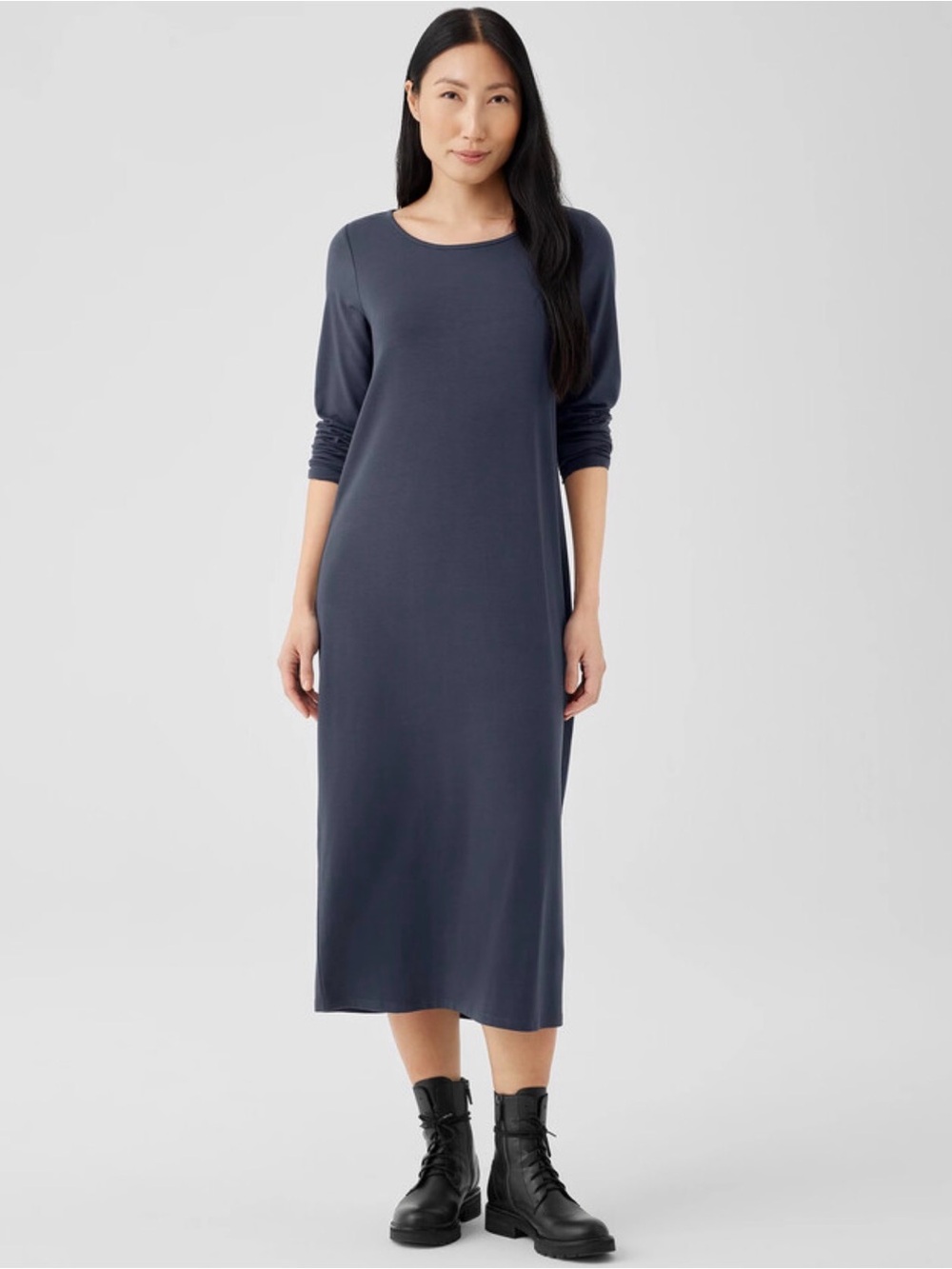 Eileen Fisher Stretch Jersey Knit Jewel Neck Long Sleeve Midi Dress Slate Blue